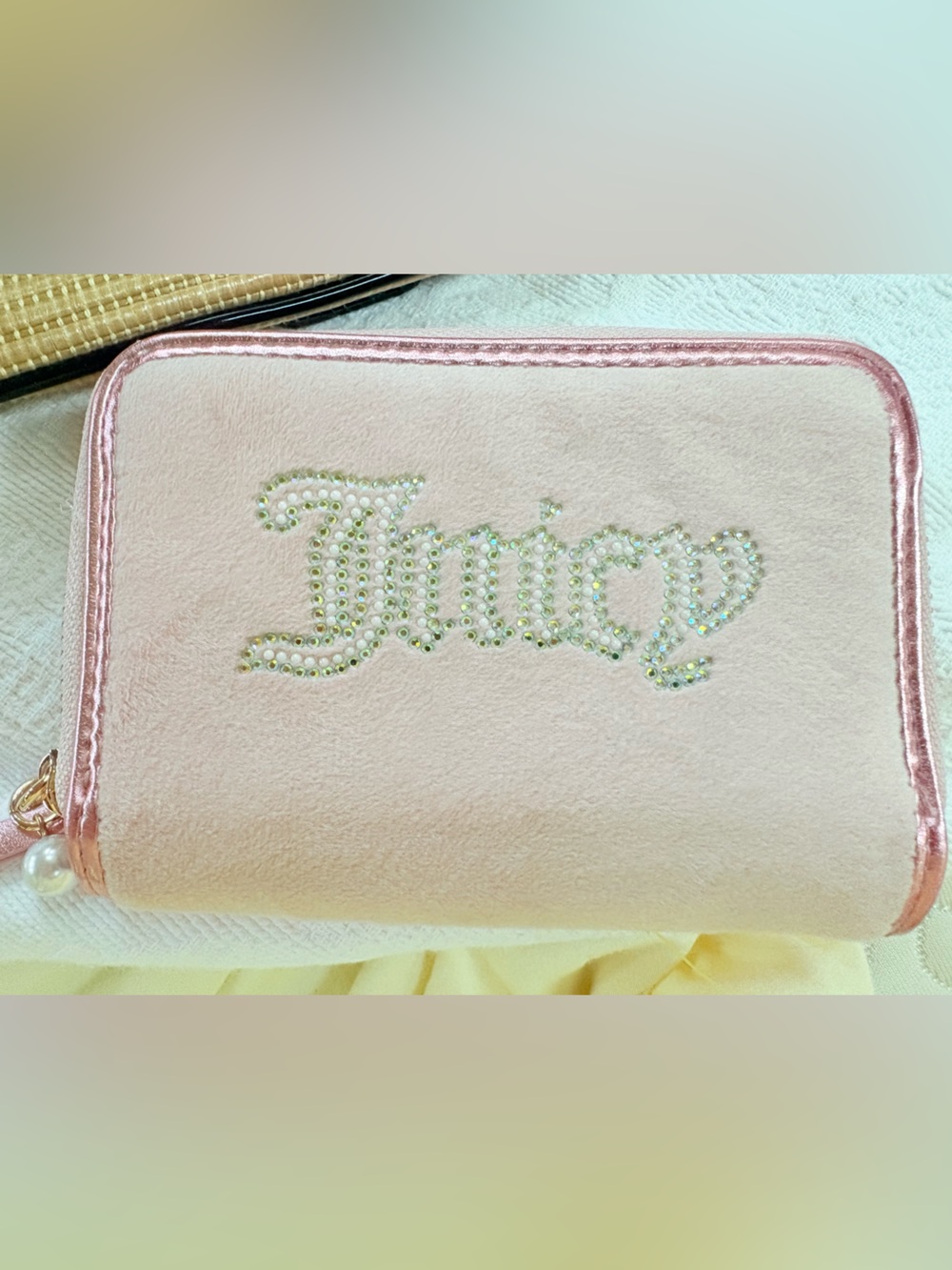 Juicy Couture Pink Velour Wallet with Sparkling Logo Pink Foil Back Pearl Charm